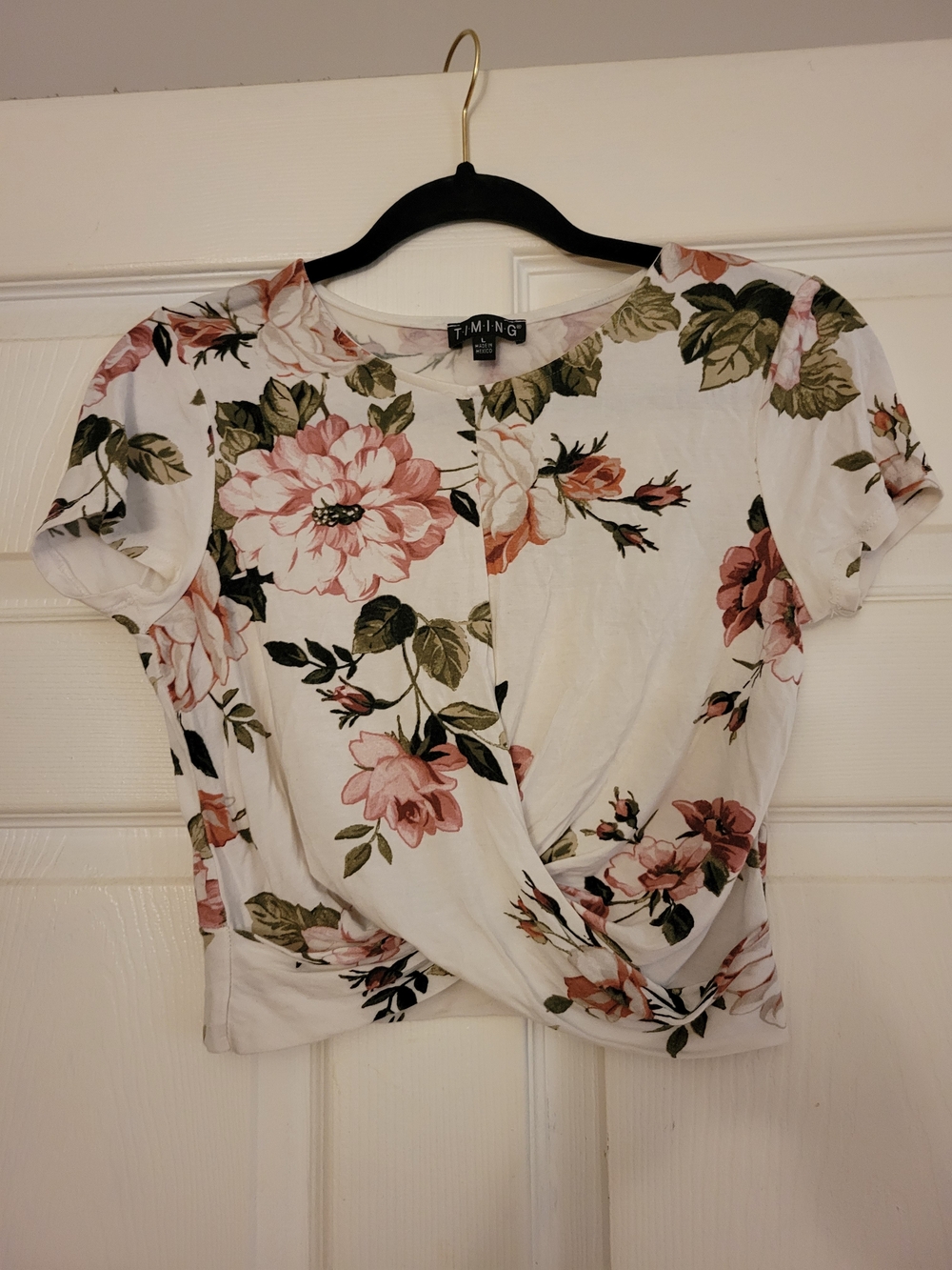 White Floral Twist-Front Women's Top